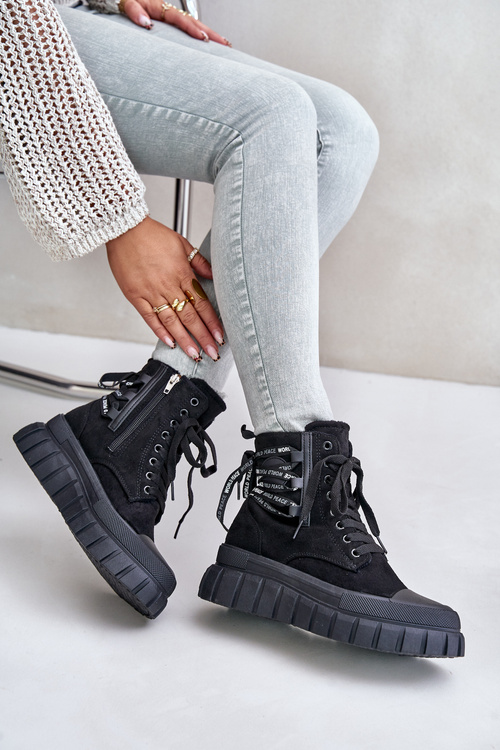 Dámske Platformové Čižmy S Dekoratívnym Šnurovaním Čierne Edidda