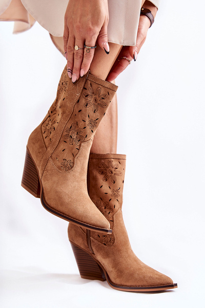 Módne semišové topánky kovbojské topánky s kvetmi Camel Coralie