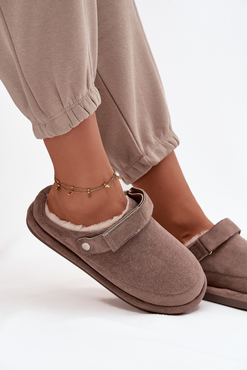 Dámské pantofle s páskem Vyhřívané s kožíškem Tmavě béžové Rilena