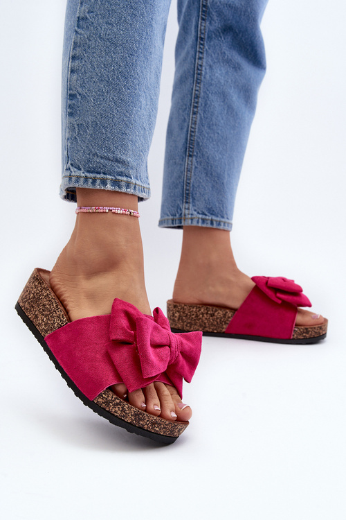 Dámské žabky na masivní korkové platformě s mašlí Fuksja Tarena