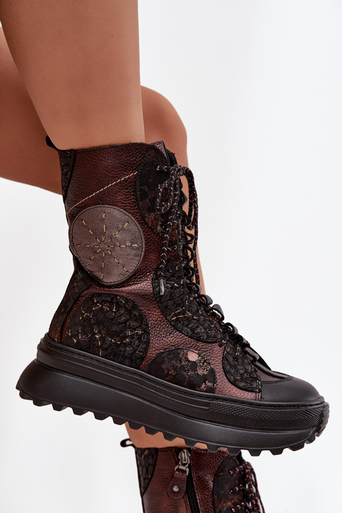 Kožené členkové topánky na platforme s podšívkou Maciejka 06565-02 hnedo-zlaté