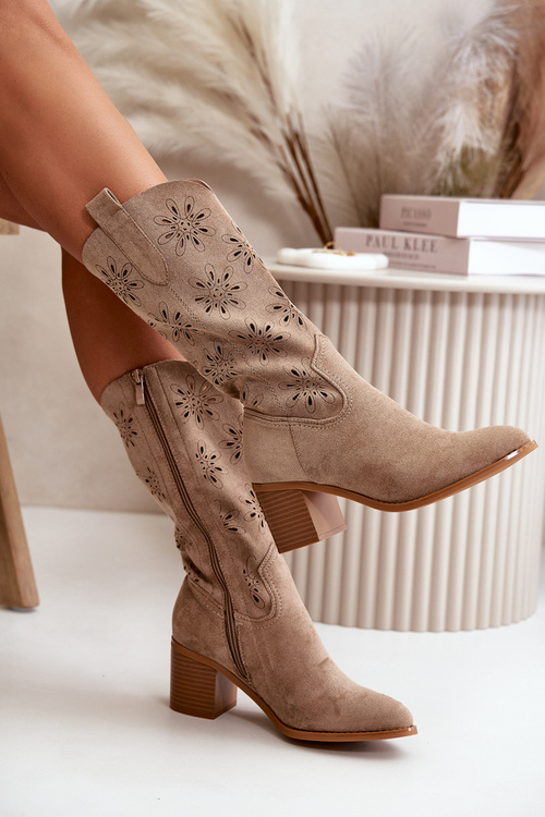 Dámské Ažurové Kozačky Do Poloviny Lýtka Z Eko Semiše Béžové Nevilos