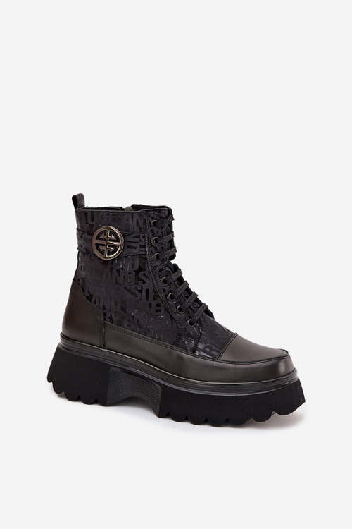 Kožené dámske čižmy na platforme s nápismi a ozdobným detailom Artiker 57C2273 Čierne