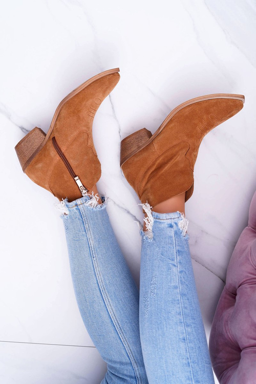 Dámské Kotníkové Ploché Boty Jarní Kožené Cowgirl Camel Batty