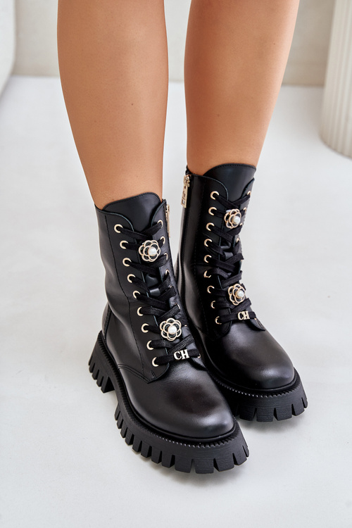 Kožené Čižmy Workery S Pripínakmi Na Zips CheBello 4553 Čierne