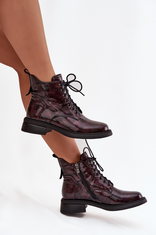 Lakované kožené dámske čižmy na podpätku D&A LZ52-954 Bordová