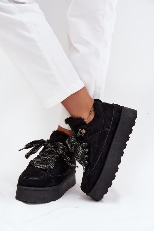 Šněrovací dámské sněhule na platformě vyhřívané kožešinou Černé Tavelle