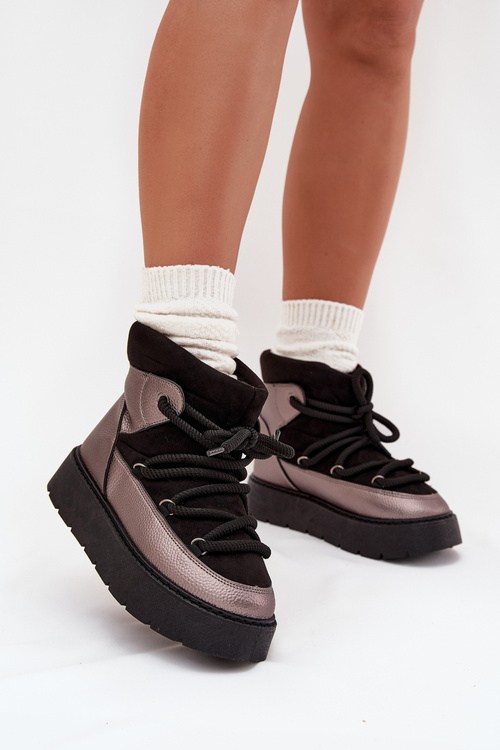 Nízké dámské sněhule s hřejivým kožíškem a silným šněrováním černé Xarina