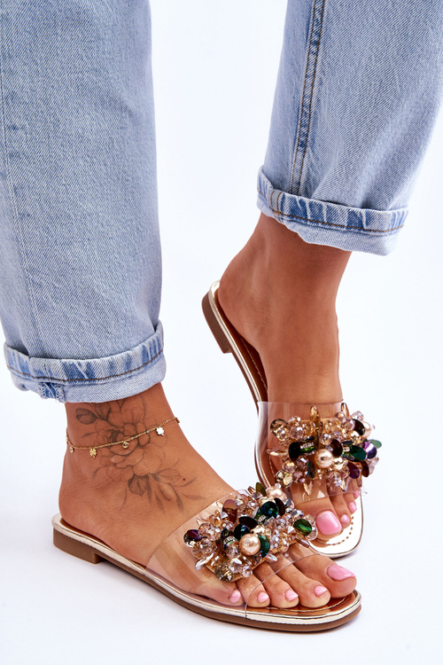 Dámské pantofle s ozdobnými kamínky S.Barski KV-576-3 Gold