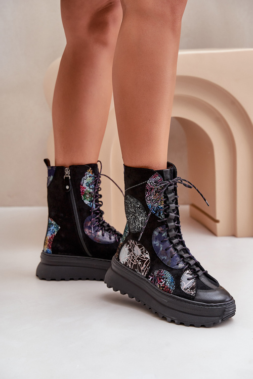 Kožené semišové čižmy na platforme zateplené čierne 06565-01