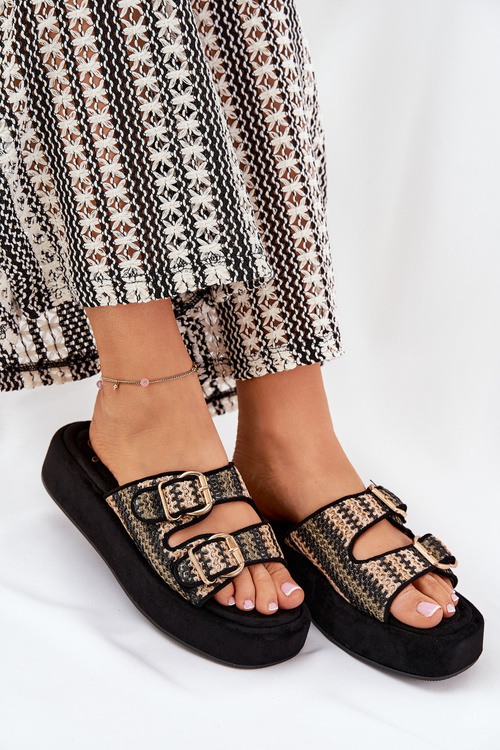 Dámské Pantofle Na Platformě S Přezkami A Pletením Černé Limme