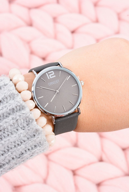Klasyczny Skórzany Ciemnoszary Damski Zegarek Ernest