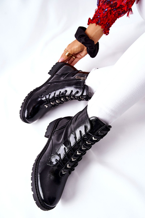 Dámské Kotníkové Lakovane Ploché Boty Černé Myroe