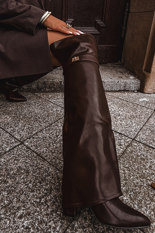 Zateplené čižmy s preklopeným horným dielom nad kolenom podpätok blok hnedé Serelle