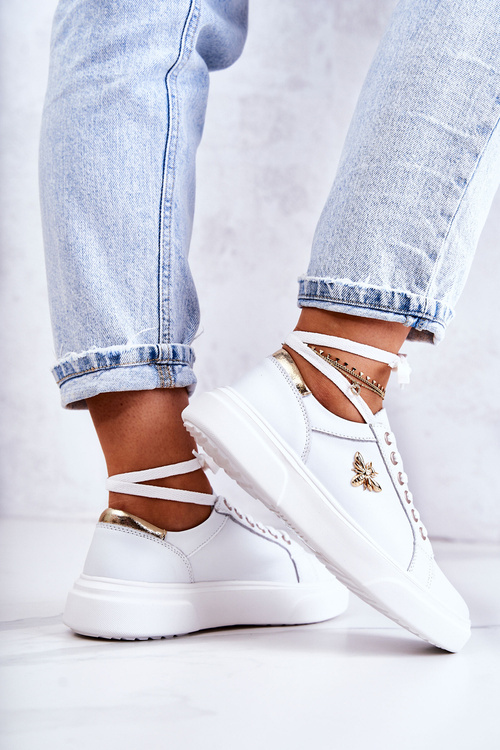 Kožené športové topánky s dekoráciou biele kalérie