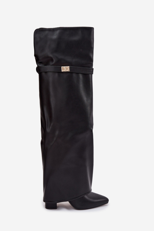 Izolované čižmy s preklopeným horným dielom až po kolená podpätok blok čierne Serelle