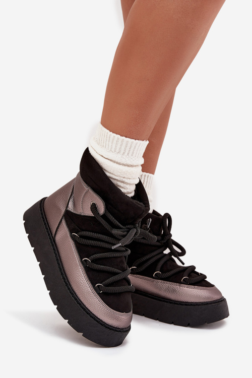 Nízké dámské sněhule s hřejivým kožíškem a silným šněrováním černé Xarina