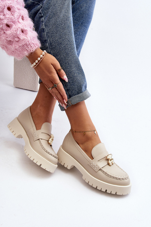 Kožené polobotky mokasíny s medvídkem CheBello 4291 světle béžové