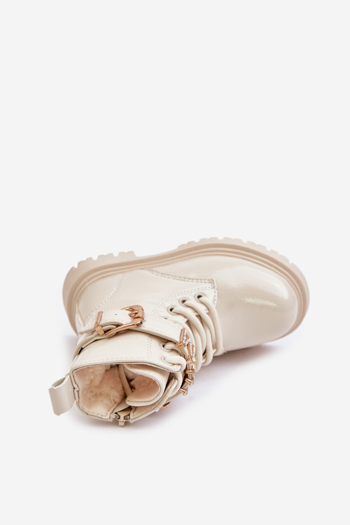 Lakované Dívčí Boty Zateplené S Ozdobným Páskem Béžové Gilian