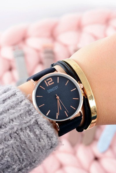 Navy modré elegantné kožené dámske hodinky Ernest