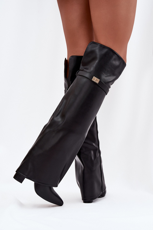 Izolované čižmy s preklopeným horným dielom až po kolená podpätok blok čierne Serelle