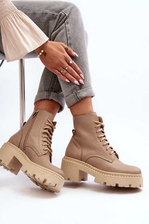 Zazoo 3413 Dámske kožené topánky na robustnom podpätku béžové