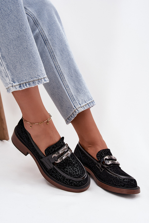 Semišové dámske mokasíny s ozdobou D&A MR52-176 Čierne