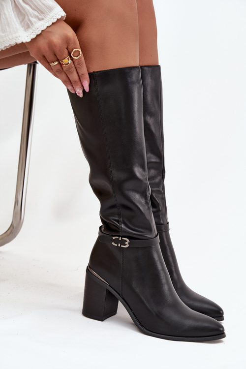 Dámské kozačky Muszkieterki zateplené na klínku s přezkou Sergio Leone KZ25738 černé