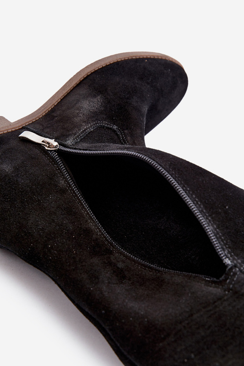 Zazoo 3407 Zamszové Kozáky po Kolena na Ploché Podrážce Černé