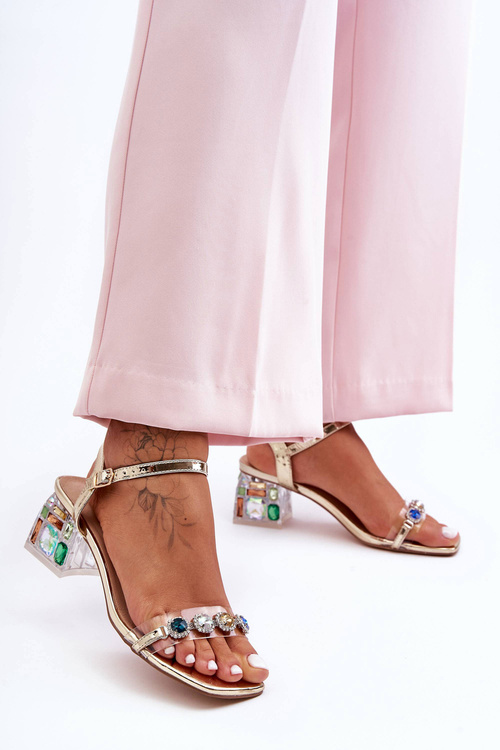 Dámské sandály na podpatku s krystaly zlaté SBarski MR1037-01