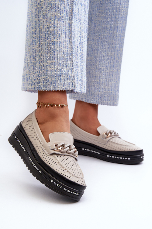 Dámske kožené mokasíny na platforme s reťazcom S.Barski LR618 béžové