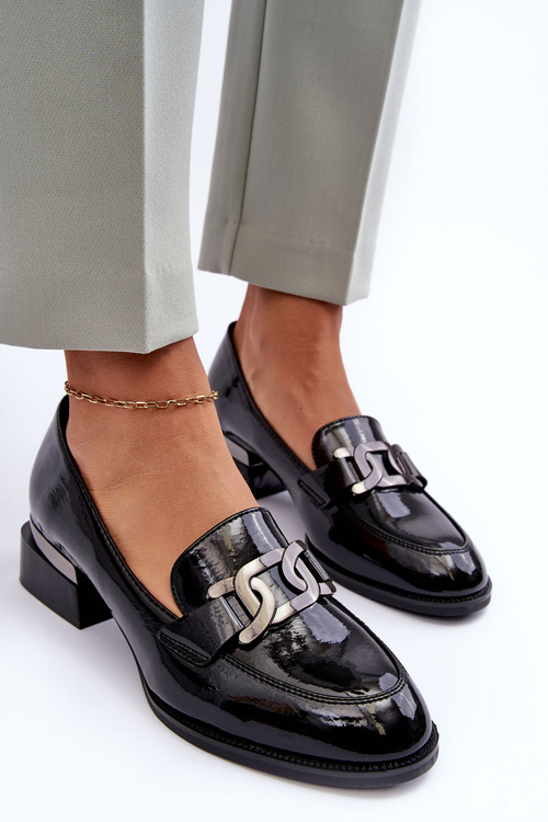 Lakované polobotky mokasíny na podpatku černé Sakina
