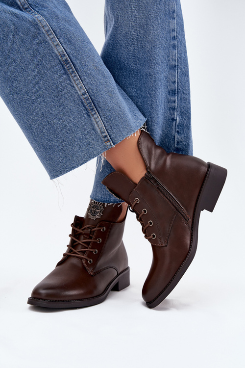 Nízké dámské boty na plochém podpatku se zdobným detailem zateplené hnědé Cylira