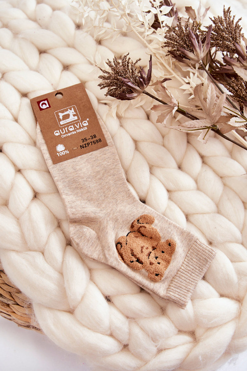 Dámské klasické bavlněné ponožky s medvídkem Béžove