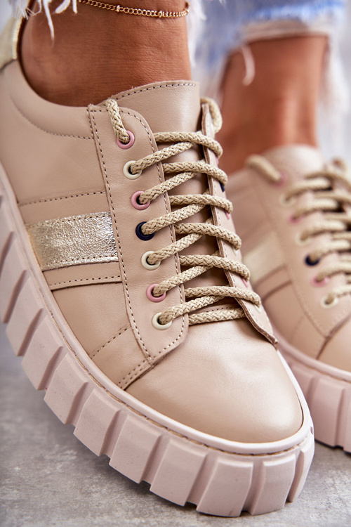 Dámska kožená športová topánka zviazaná béžová zlatá ariva