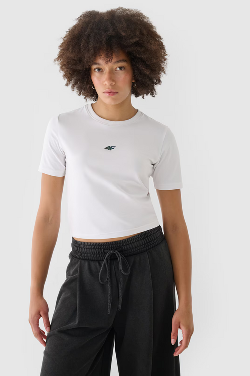 Dámské Bavlněné Tričko Slim Cropped 4F Bílé 4FWAW24TTSHF1701-10S