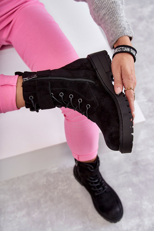 Dámské šněrovací boty Semišove na plochém podpatku černé Firmina