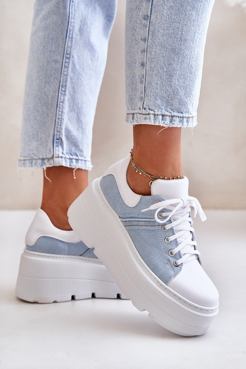 Kožené Sneakersy Na Masívnej Platforme Džínové Biele Lewski 3586