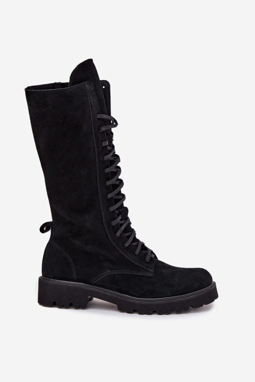 Semišové kotníkové boty se šněrováním do půli lýtka Zazoo 3103 Černé
