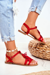 Dámské Sandály Ploché Eko-semišové Boho Červené Lucami