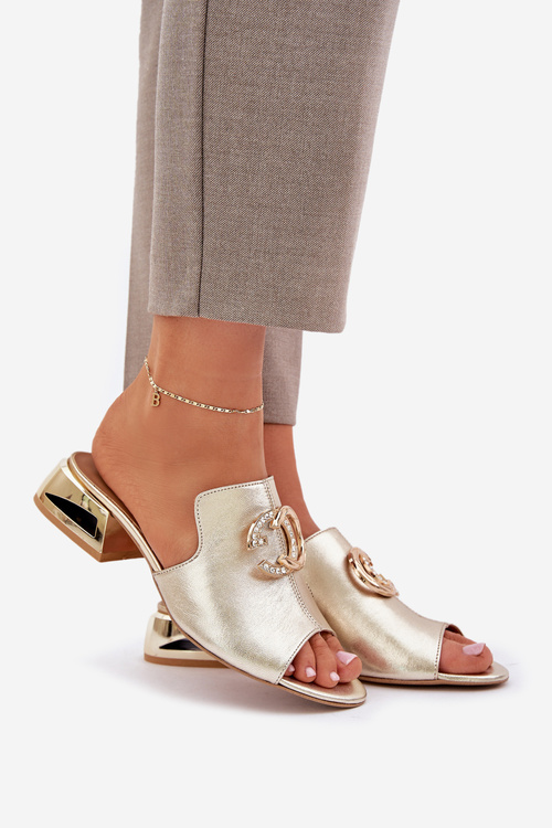 Kožené Elegantní Dámské Pantofle Na Nízkém Podpatku Laura Messi 2874 Zlaté