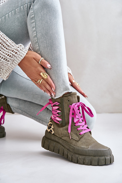 Dámske Platformové Čižmy S Dekoratívnym Šnurovaním Leopard Zelené Edidda