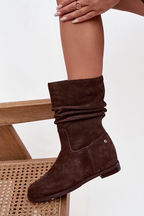 Kožené semišové dámske čižmy s riasením a izoláciou Maciejka K7211-02 Čokoládové