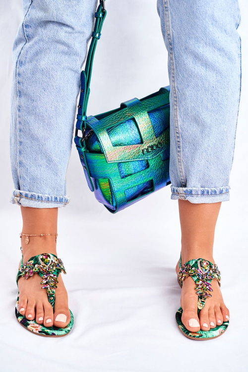 Dámske sandále Elegantné flip -flops zelené kryštály pod kontrolou