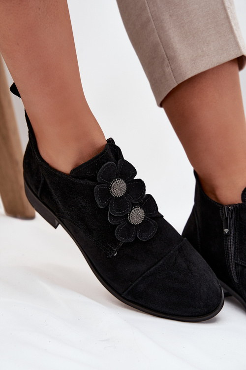 Semišové dámské polobotky s ozdobnými květinami Zazoo 3080 Černé