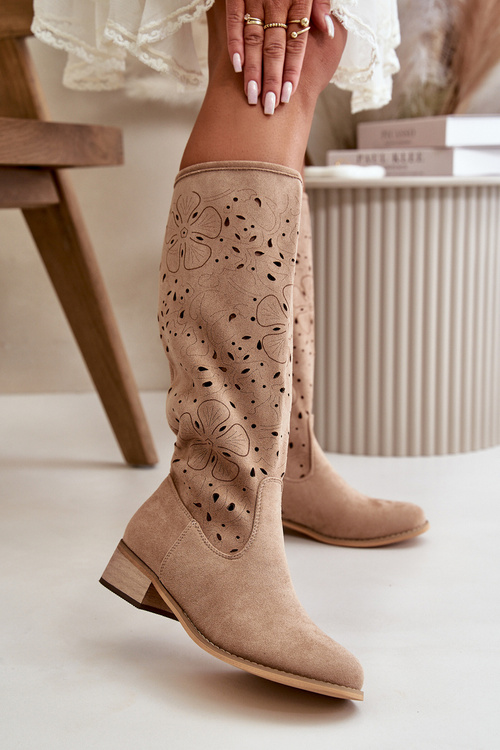 Průsvitné dámské kozačky na nízkém podpatku z ekokože se zipem tmavě hnědé Orchides