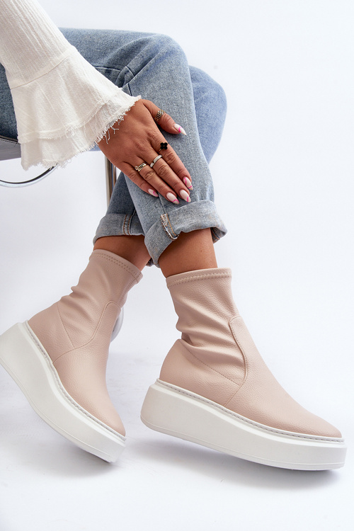 Zazoo 3395 Dámske kožené členkové topánky na masívnej platforme béžové
