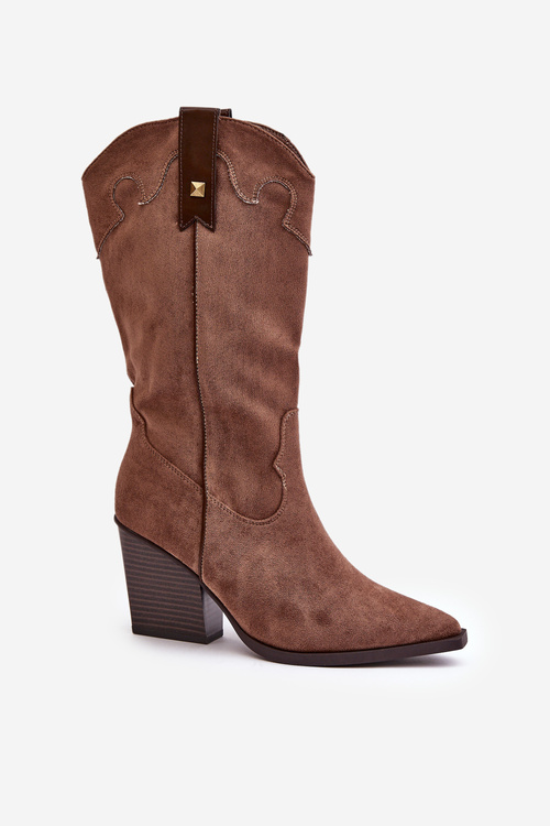 Zateplené kozačky kovbojky na podpatku eko semišové hnědé Hanivin