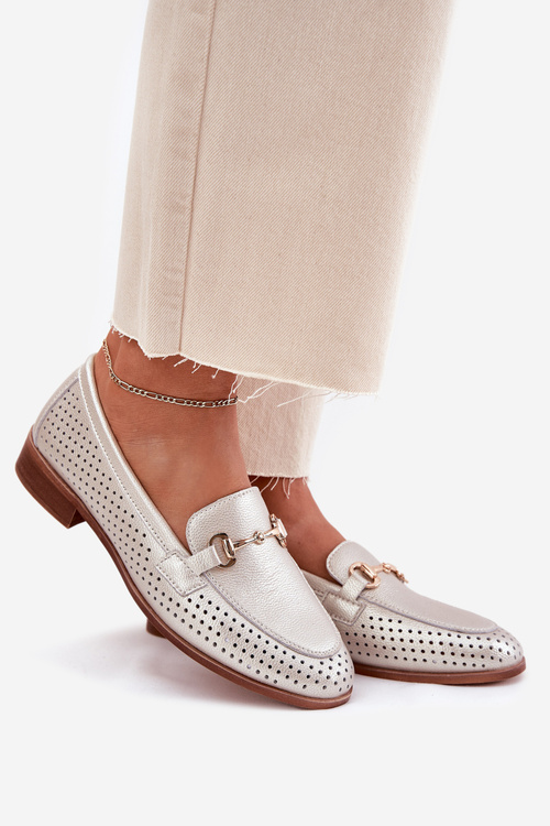 Kožené dámské mokasíny se zdobením na plochém podpatku S.Barski LR51-594 stříbrné