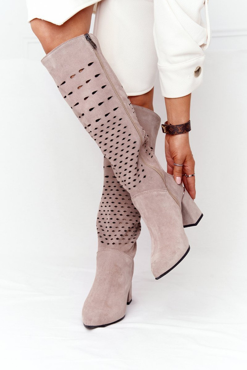 Jarní Prolamované Semišové Kozačky Lewski Shoes 2847/B Béžové